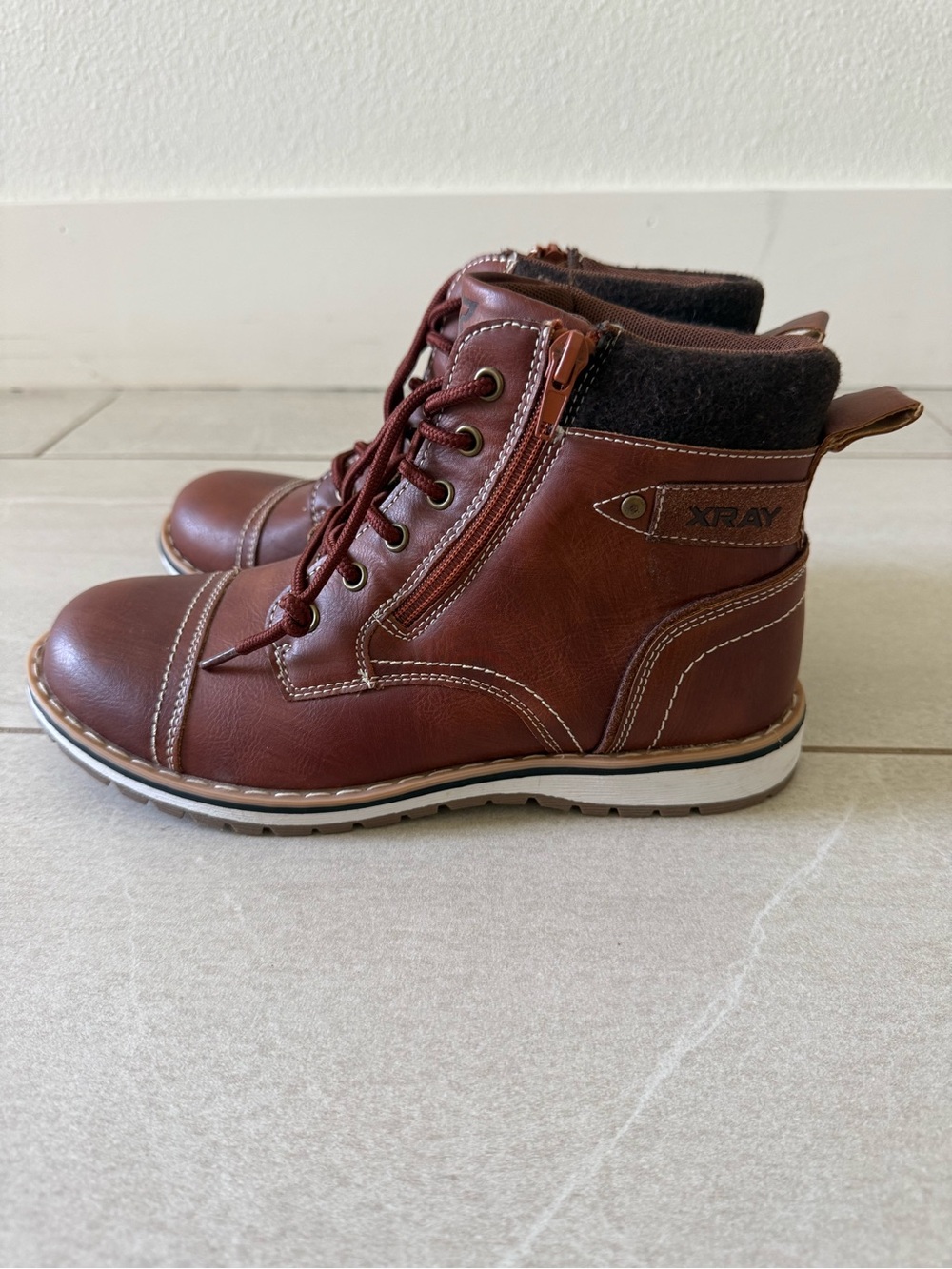 XRAY Boys Brown Combat Boots Side Zip Youth Size 7 NWOB